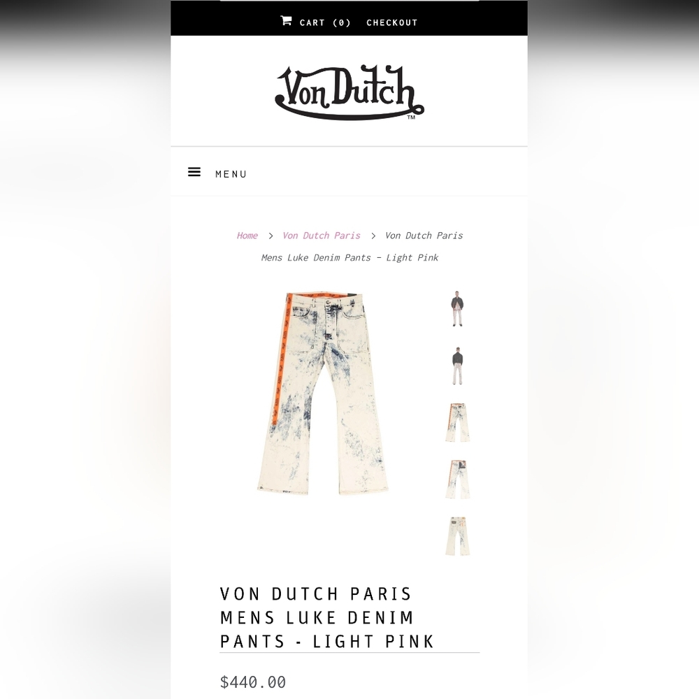 VON DUTCH PARIS Luke Denim Pants Men Pink Wash Distressed Streetwear Jeans Acid